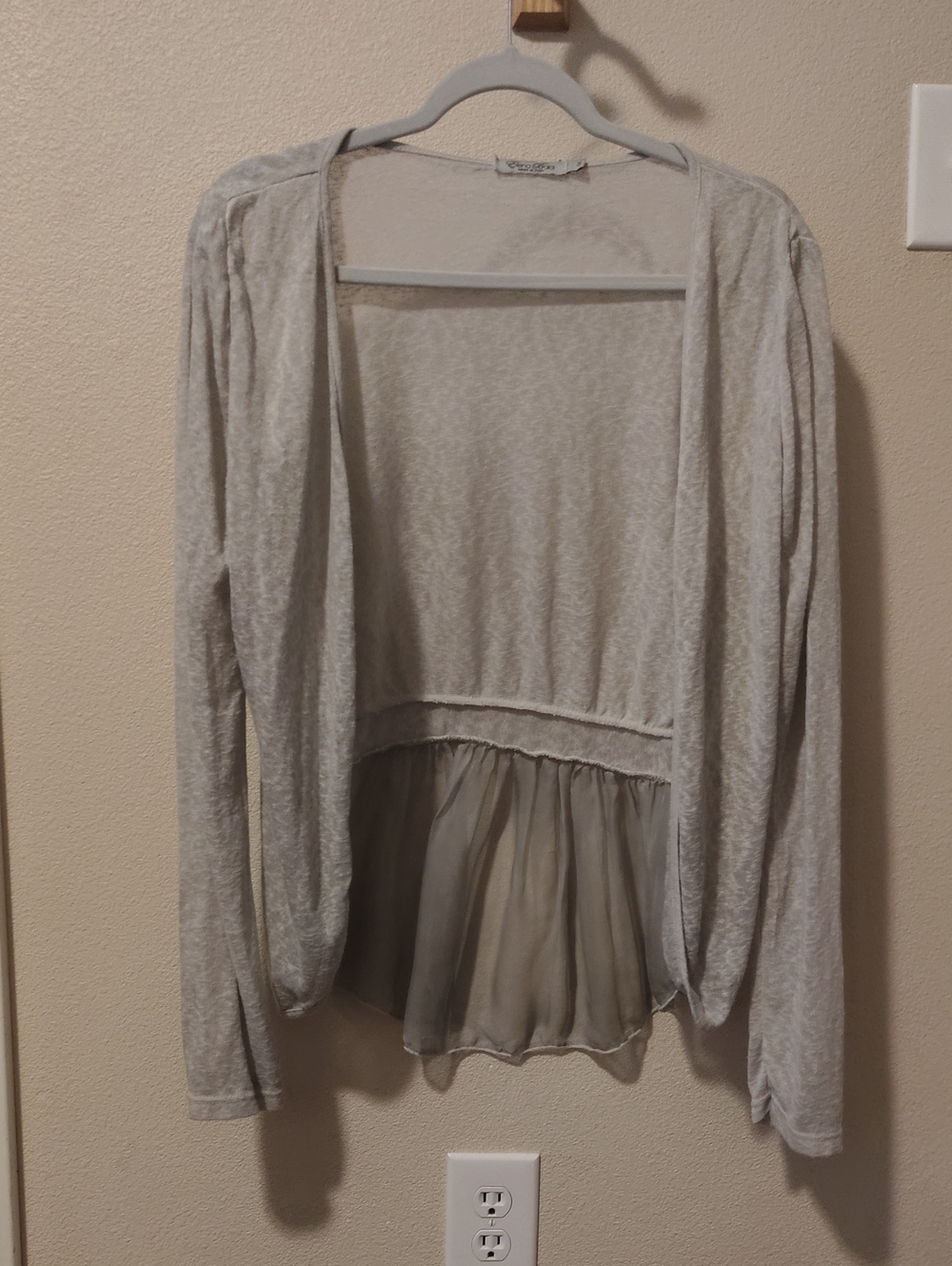 Light Gray Open-Front Lightweight Cardigan with Sheer Peplum Hem